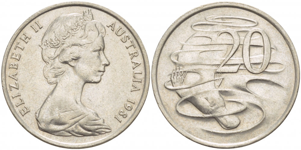 Австралия 20 центов 1981 Елизавета II (1952-2022), утконос KM 66 медно-никель 115-1034