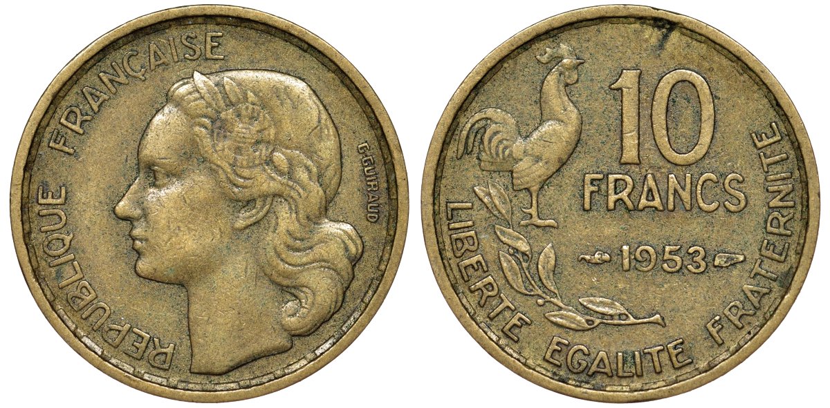 Франция 10 франков 1953 петух KM 915.1, Le Franc 363.8 алюминиевая бронза 51-2536