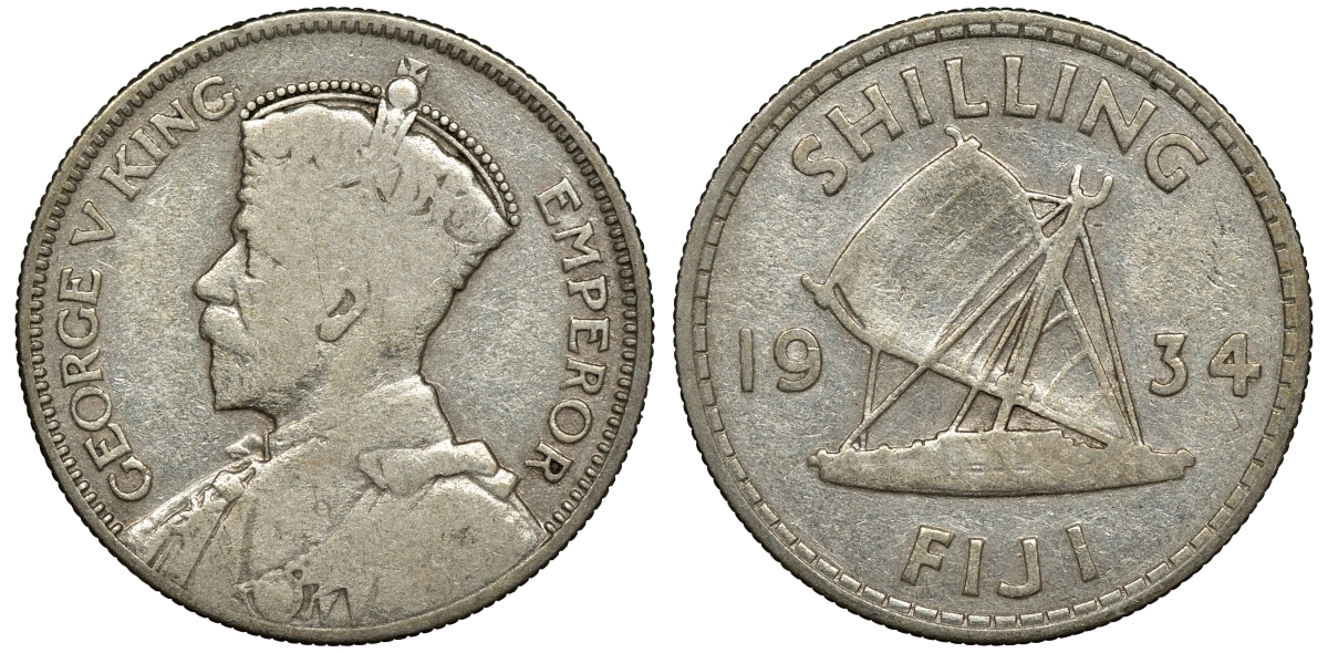 Фиджи 1 шиллинг 1934 Георг V (1910-1936), парусник KM 4 серебро 91-944