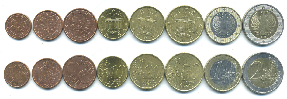 ФРГ евронабор из 8 монет 2002-2003 (1, 2, 5, 10, 20, 50 ЕВРОЦЕНТОВ, 1, 2 ЕВРО) KM 207, 208, 209, 210, 211, 212, 213, 214 N5-17