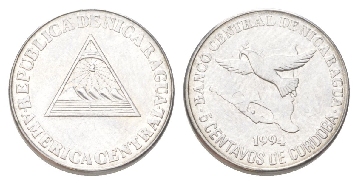 Никарагуа 5 сентаво 1994 голубь мира KM 80 хромированная сталь UNC 00-00