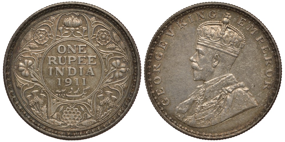 Британская Индия 1 рупия 1911 b, Георг V (1910-1936), монетный двор Бомбей KM 523 серебро 00-000-00