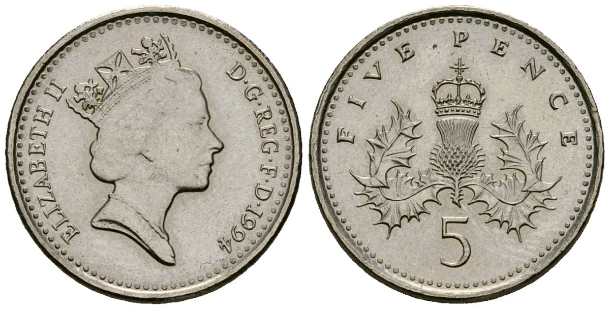 Великобритания 5 пенсов 1994 Елизавета II (1952-2022) KM 937b, Spink 4372 (D4) медно-никель 4173-756