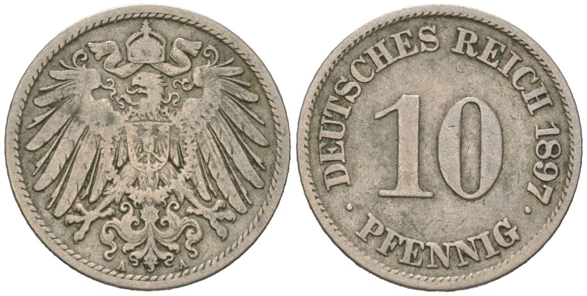 Германия 10 пфенингов 1897 A, Вильгельм II (1888-1918) KM 12 медно-никель 4529-512