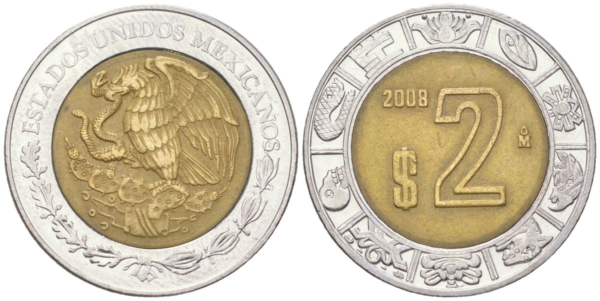 Мексика 2 песо 2008 Mo KM 604 биметалл 4398-625