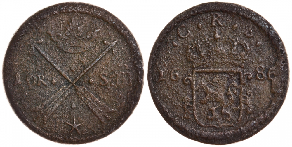 Швеция 1 эре 1686 Карл XI (1660-1697), монетный двор Авеста KM 264b медь 1084-9-52
