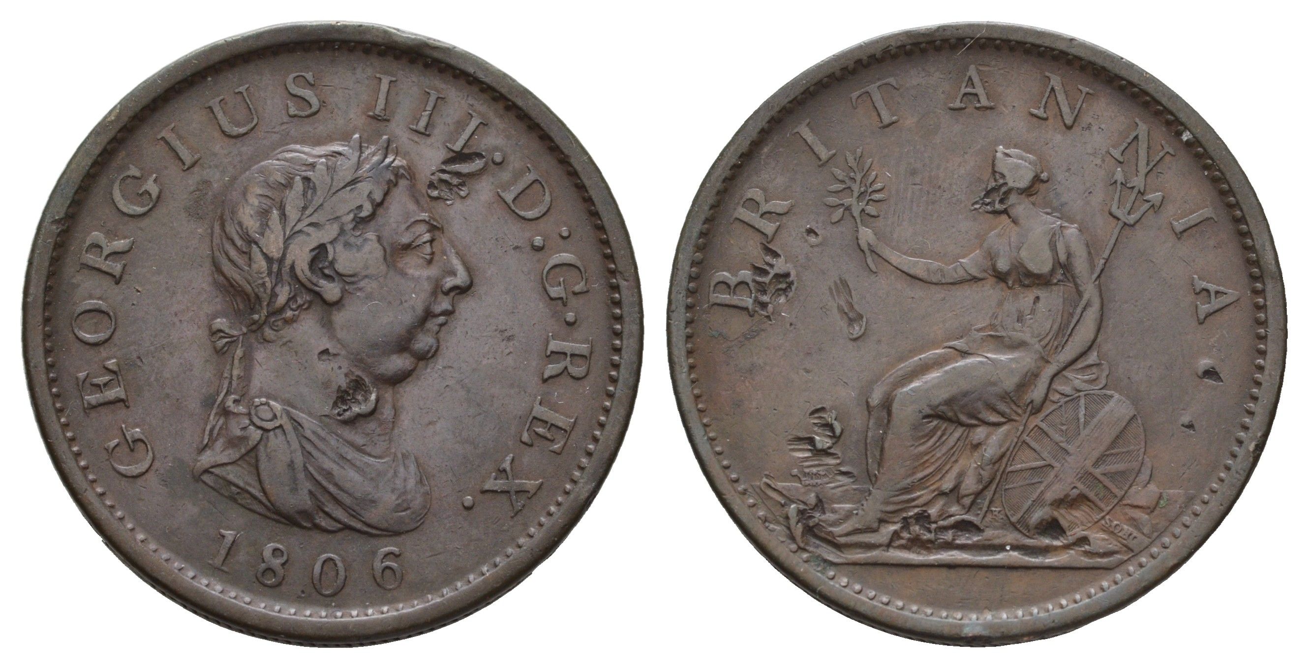 Великобритания 1 пенни 1806 Георг III (1760-1820) Spink 3780, KM 663 медь 4552-515