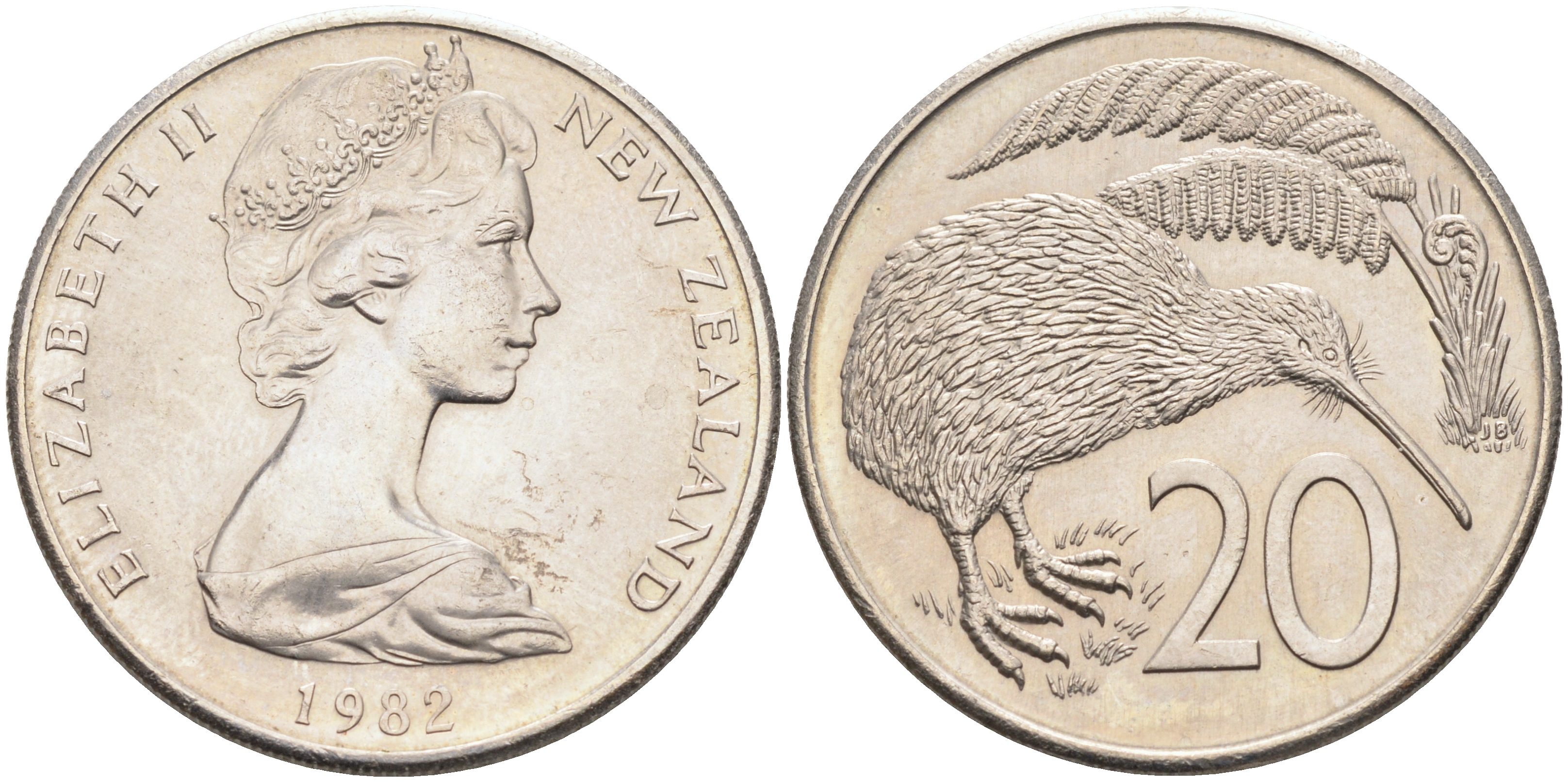 Новая Зеландия 20 центов 1982 Елизавета II (1952-2022), птичка киви KM 36.1 медно-никель UNC 4590-611