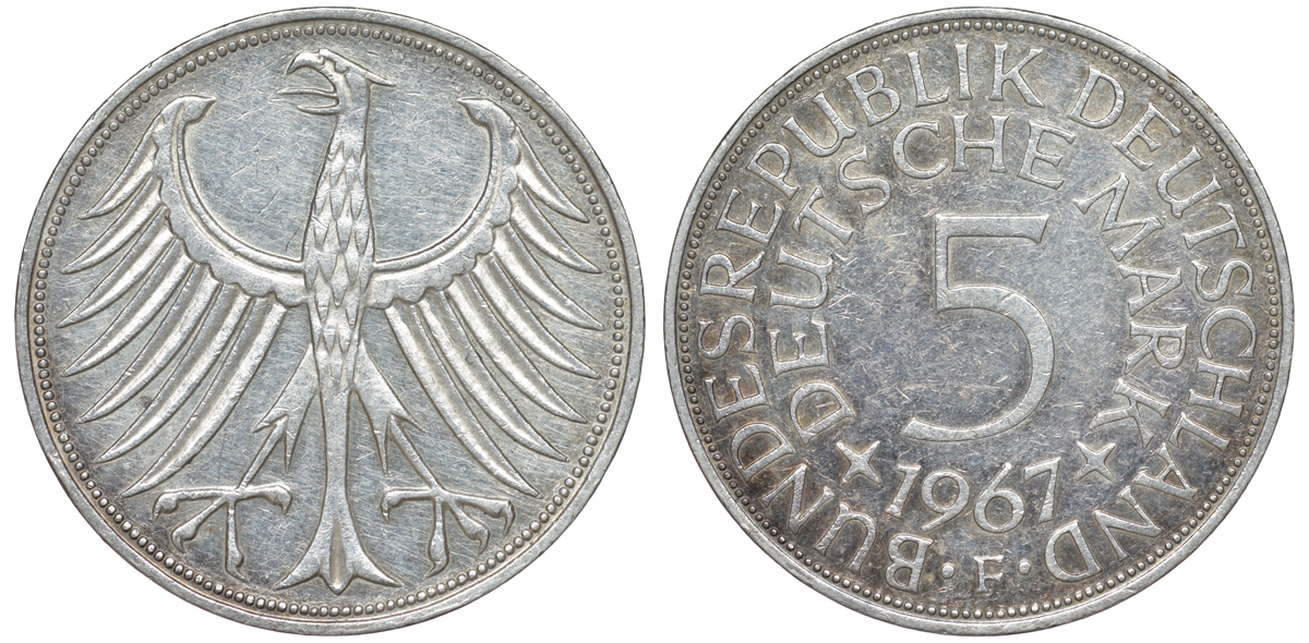 ФРГ 5 марок 1967 F, KM 112.1, J. 387 серебро 4178-912