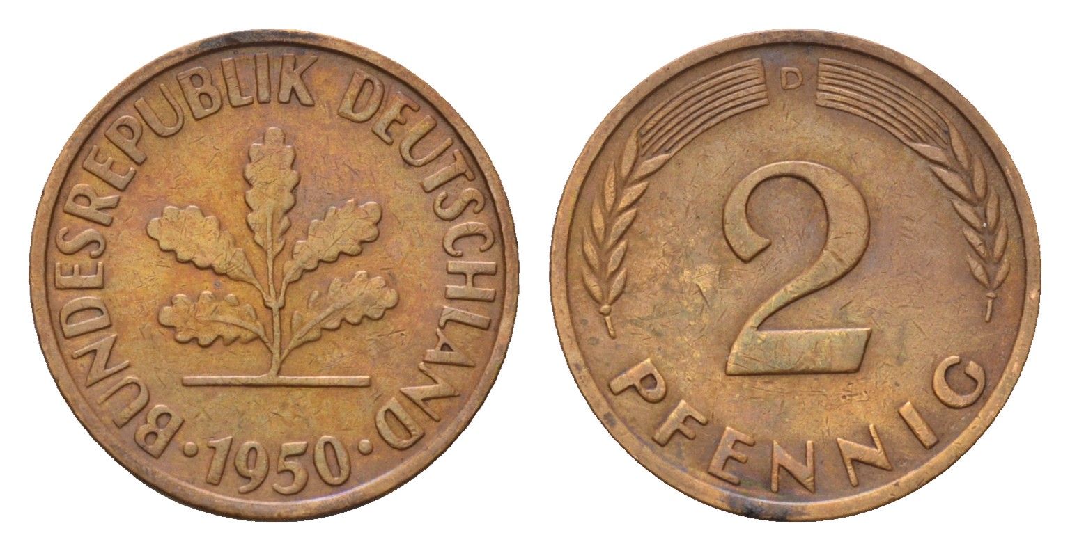 ФРГ 2 пфеннига 1950 D KM 106, J. 381 бронза 4596-1017