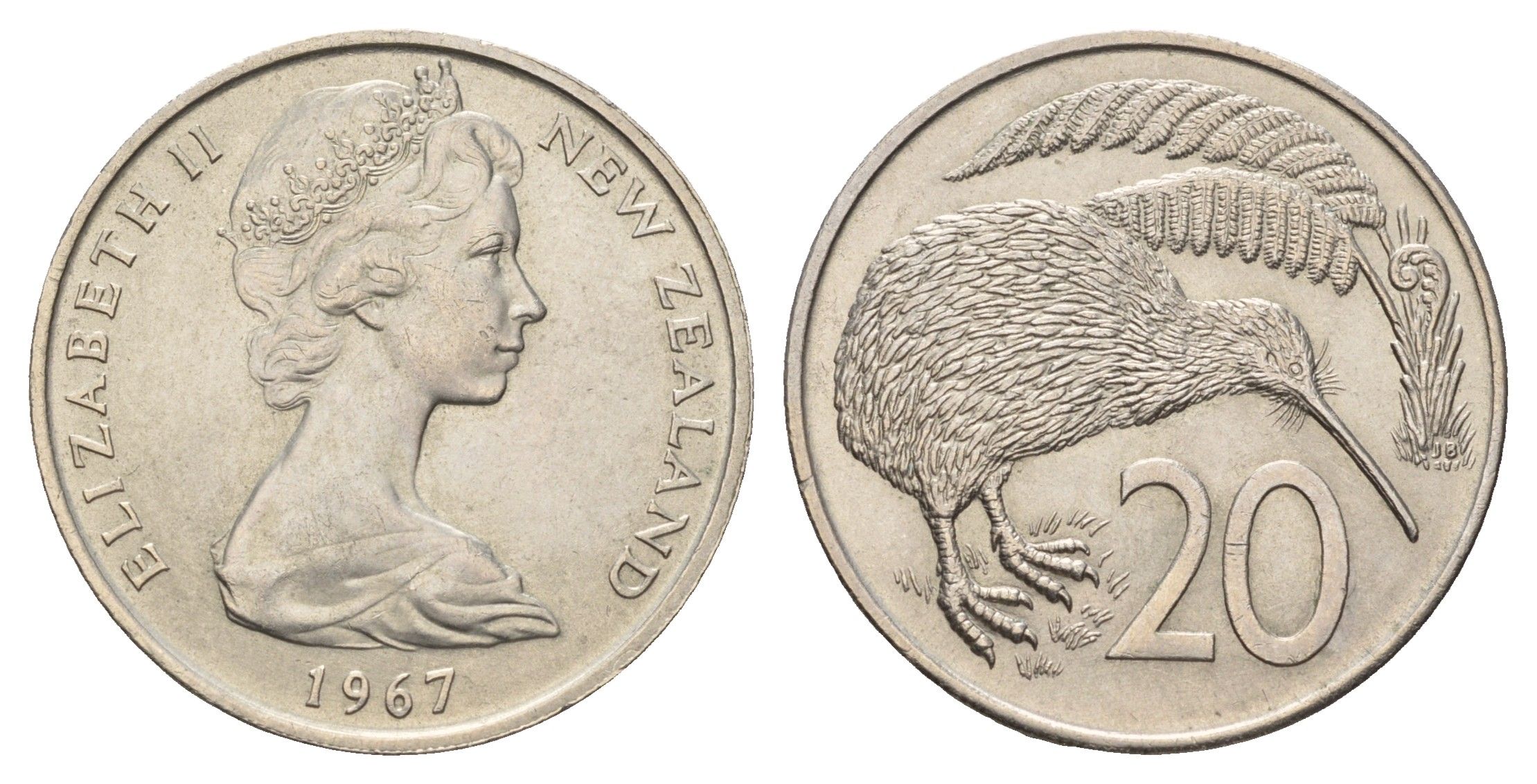 Новая Зеландия 20 центов 1967 Елизавета II (1952-2022), птичка киви KM 36 медно-никель UNC 4671-534