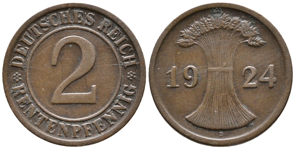 ГЕРМАНИЯ 2 РЕНТЕНПФЕННИГА 1924 D KM 31, J. 307 бронза 24-631