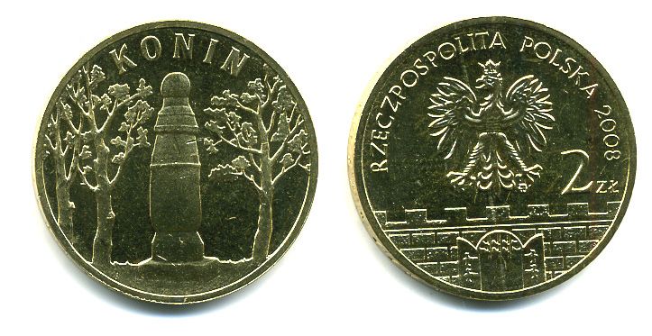 Польша 2 злотых 2008 серия города Польши, Конин KM 631 латунь UNC M5-16