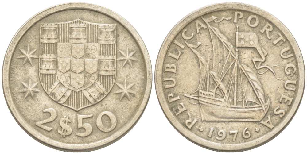 ПОРТУГАЛИЯ 2,5 ЭСКУДО 1976 ПАРУСНИК KM 590 медно-никель 4513-1146