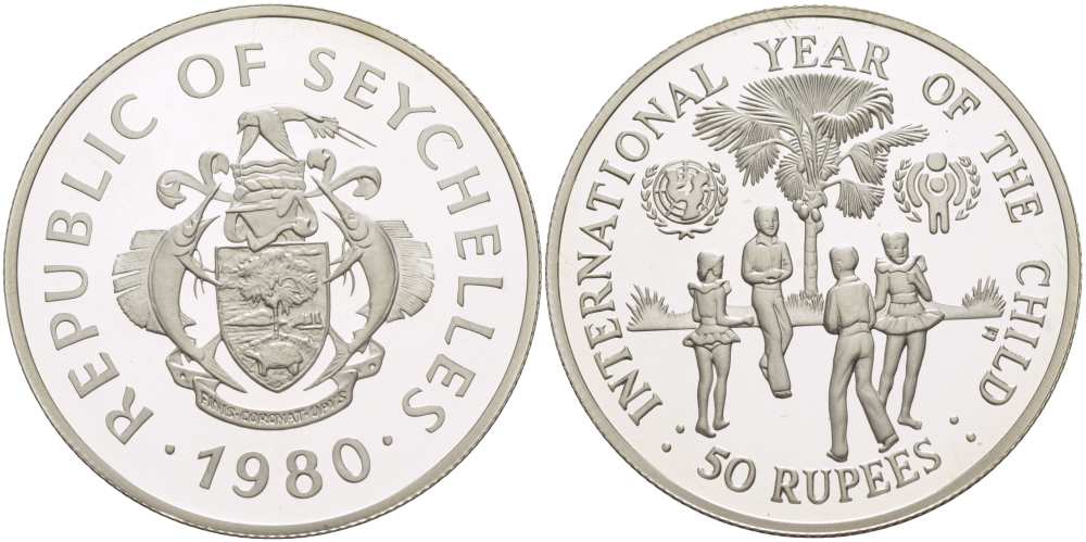Сейшельские острова 50 рупий 1980 ООН, международный год защиты детей, тираж 10000 экз. KM 42 серебро PROOF 01-148-23