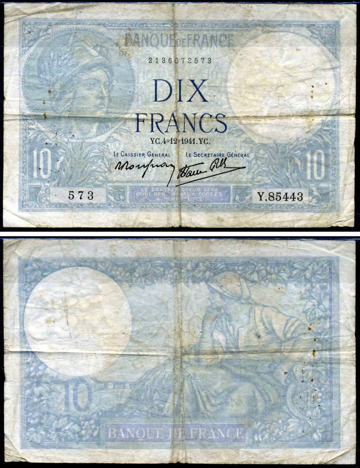 Франция 10 франков 1941 Pick 84 бумага 7457-21-3-2