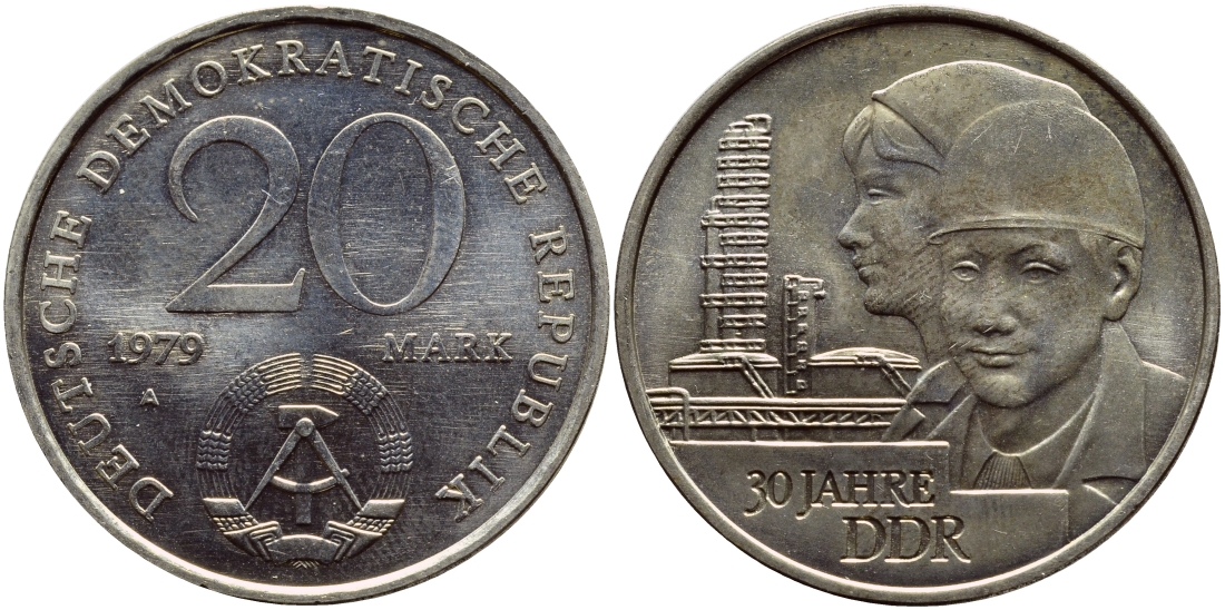 ГДР 20 марок 1979 A, 30 лет образования ГДР J. 1573, KM 75 медь никель цинк UNC 3897-1021