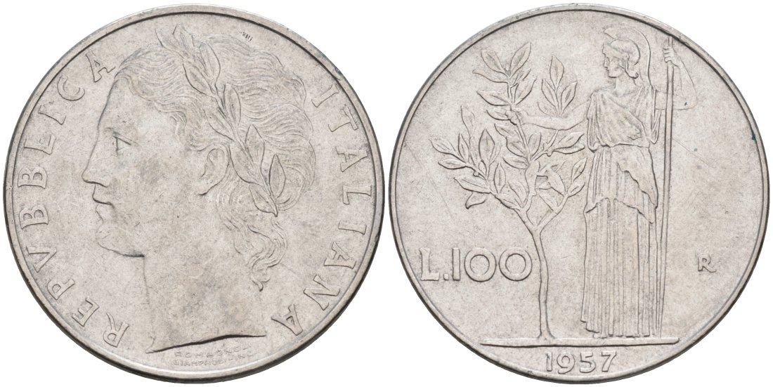 Италия 100 лир 1957 R, АФИНА В ДОСПЕХАХ KM 96.1 нержавеющая сталь 4572-326