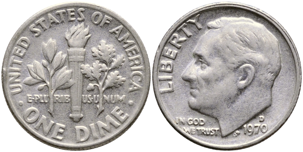 США 10 ЦЕНТОВ = 1 ДАЙМ 1970 D, РУЗВЕЛЬТ KM 195а медь плакированная медно-никелем 51-5064