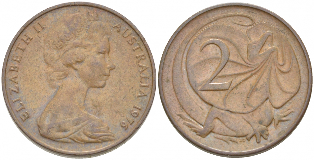 Австралия 2 цента 1976 Елизавета II (1952-2022), плащеносная ящерица (FRILLED LIZARD)  KM 63 бронза 3457-632
