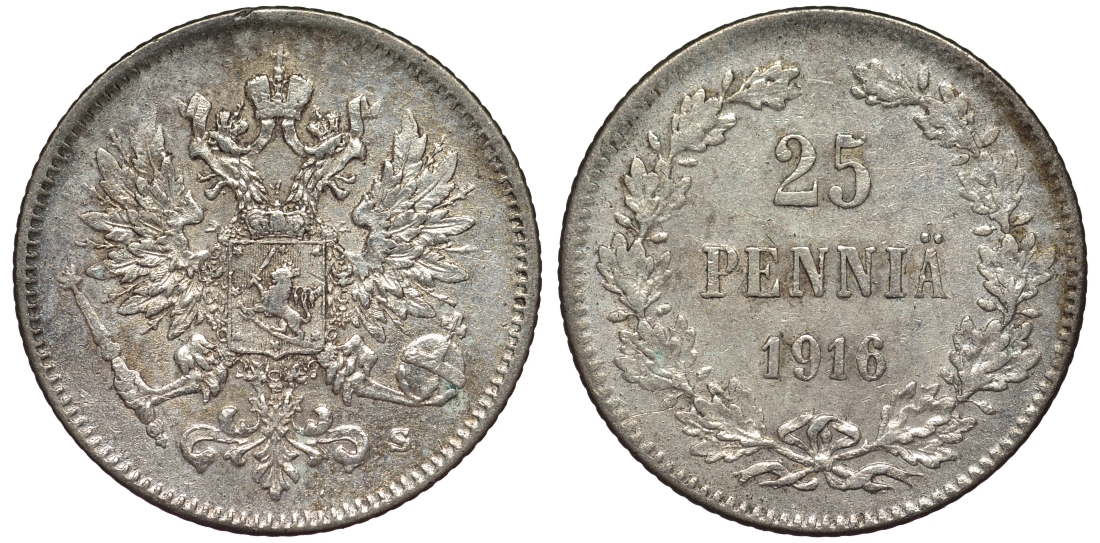 Россия для Финляндии 25 пенни 1916 S, Николай II (1894-1917) KM 6.2, Биткин 421 серебро 75-1346