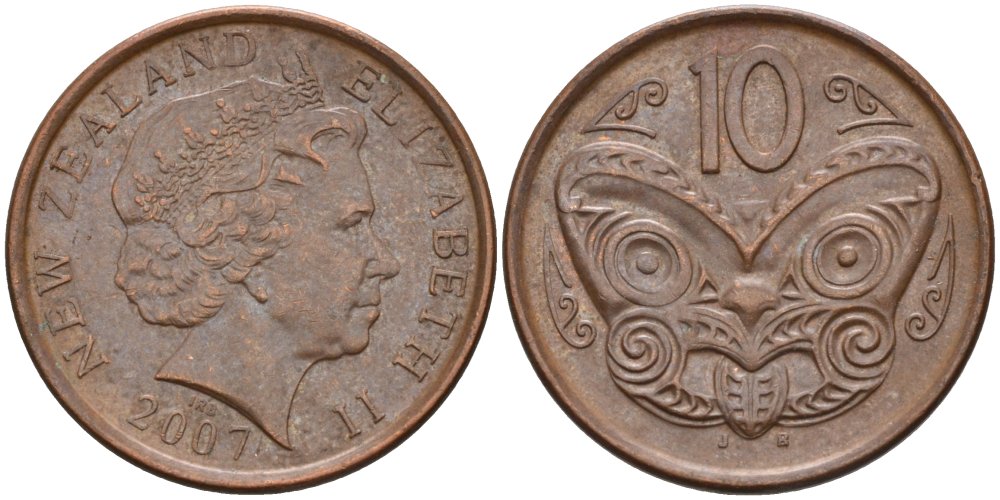 Новая Зеландия 10 центов 2007 маска Маори, Елизавета II (1952-) KM 117а сталь плакированная медью 4579-1256
