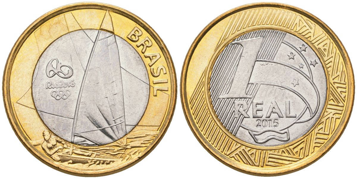 Бразилия 1 реал 2015 XXXI летние Олимпийские Игры, Рио-де-Жанейро 2016 - Парусный спорт KM 705 биметалл UNC 4140-112