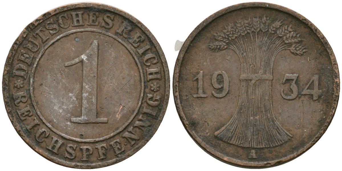 Германия 1 рейхспфенниг 1934 A KM 37, J. 313 бронза 4189-1234