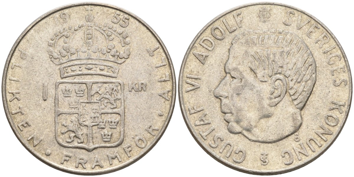 Швеция 1 крона 1955 TS, Густав VI Адольф (1950-1973) KM 826 серебро 4148-1147