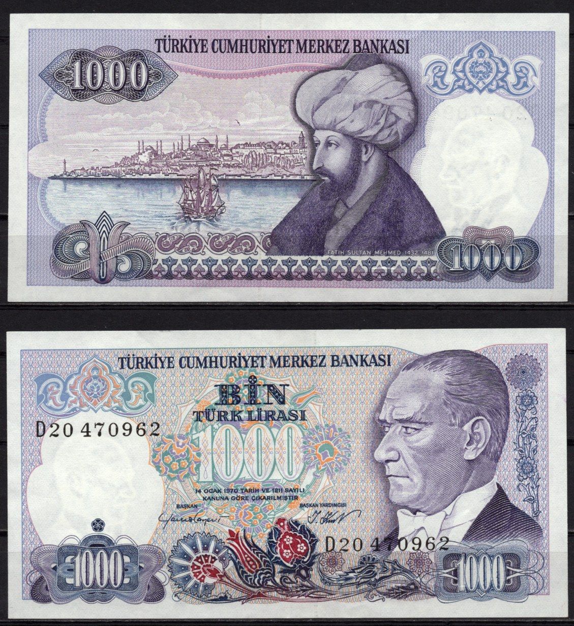 Турция 1000 турецких лир 1970 (1986) Президент Мустафа Кемаль Ататюрк, султан Мехмед Завоеватель, Стамбул Pick 196 (1) бумага 8518-8-2-2