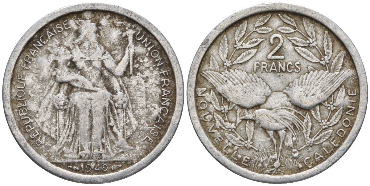 Французская Новая Каледония 2 франка 1949 птица кагу, (IEOM) KM 3, Schoen 3, Lec 55 алюминий    27-247