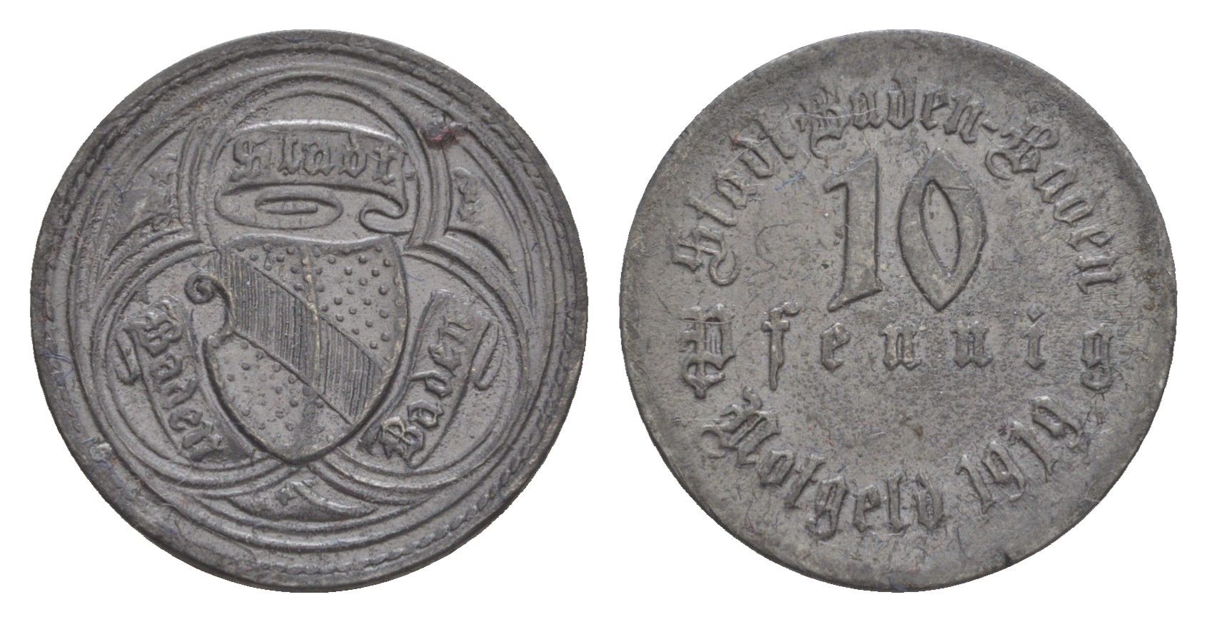 Баден-Баден 10 пфеннигов 1919 Funck 26.1, Men05 1200.1, Men18 1558.1 цинк 4636-868