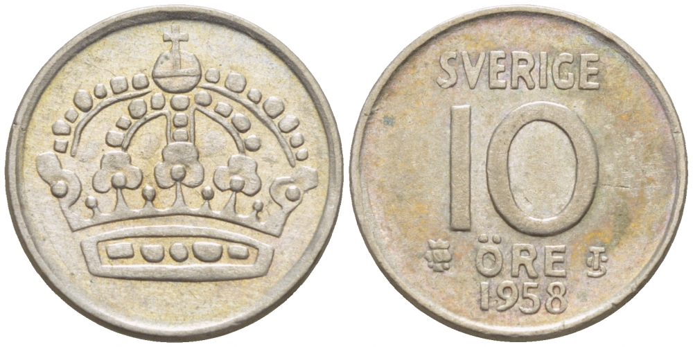 Швеция 10 эре 1958 T;S, Густав VI Адольф (1950-1973) KM 823 серебро 3309-844