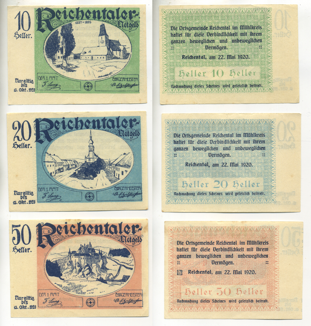 АВСТРИЯ НАБОР ИЗ 3 БАНКНОТ 1920 22 МАЯ 1920 - 15 ОКТЯБРЯ 1920, НОТГЕЛЬД, 10, 20, 50 ГЕЛЛЕРОВ, REICHENTAL бумага XF 7204-68-1