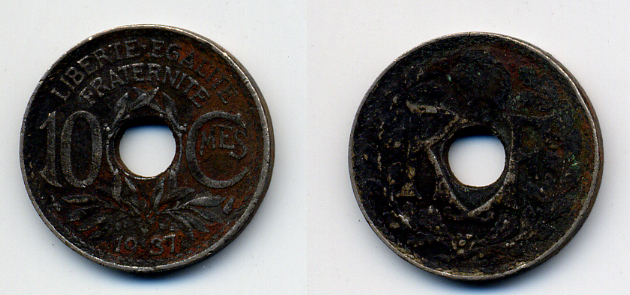 ФРАНЦИЯ 10 САНТИМОВ 1937 ТИП ЛИНДАЙЁ KM 866a медно-никель 4383-1163