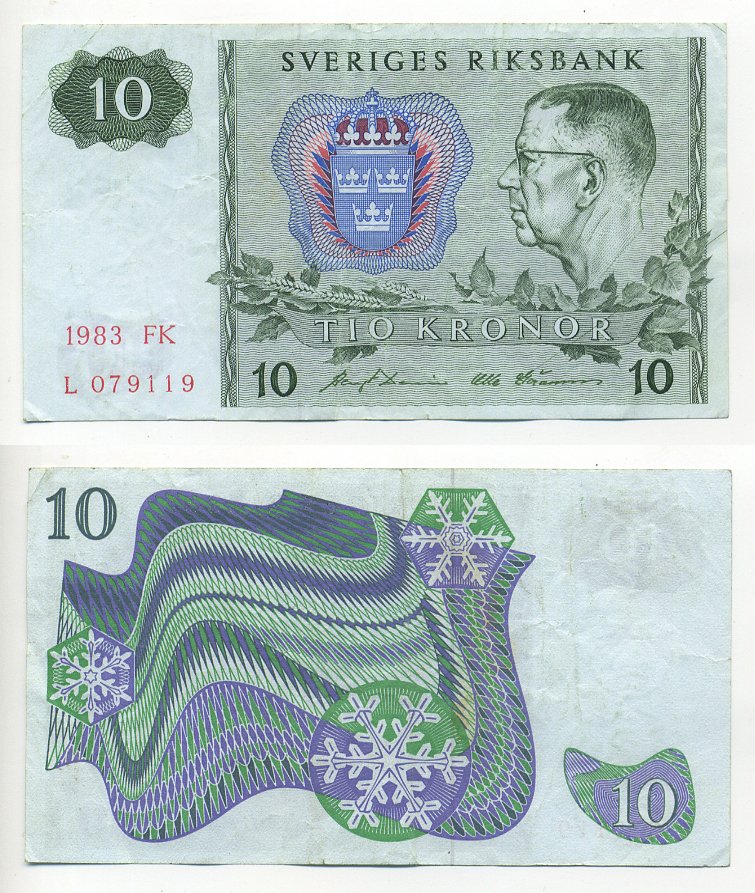 ШВЕЦИЯ 10 КРОН 1983 СЕРИЯ FK Pick 52e бумага 7203-73-3