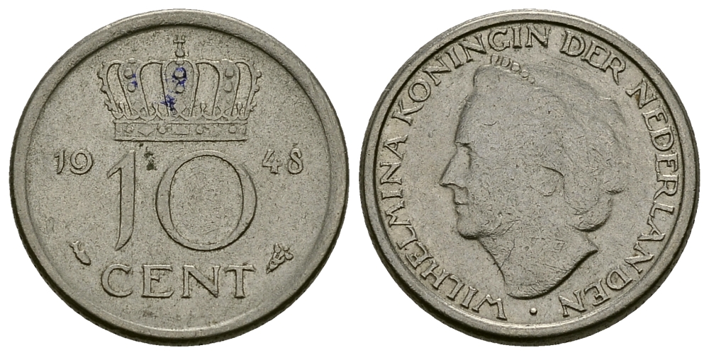 Нидерланды 10 центов 1948 Вильгельмина (1895-1948) KM 177 никель 45-1118