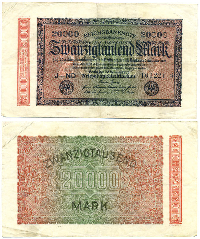 ГЕРМАНИЯ 20000 МАРОК 1923 20 ФЕВРАЛЯ 1923, ВОДЯНОЙ ЗНАК L Pick 85а бумага 7147-28-3