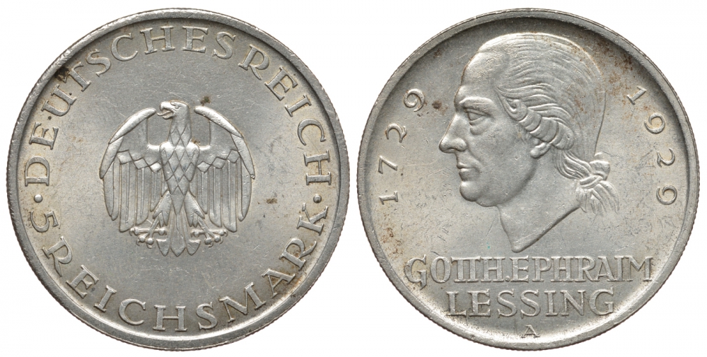 Германия 5 марок 1929 A, 200 лет со дня рождения Лессинга J. 336, КМ 61 серебро 00-809-26