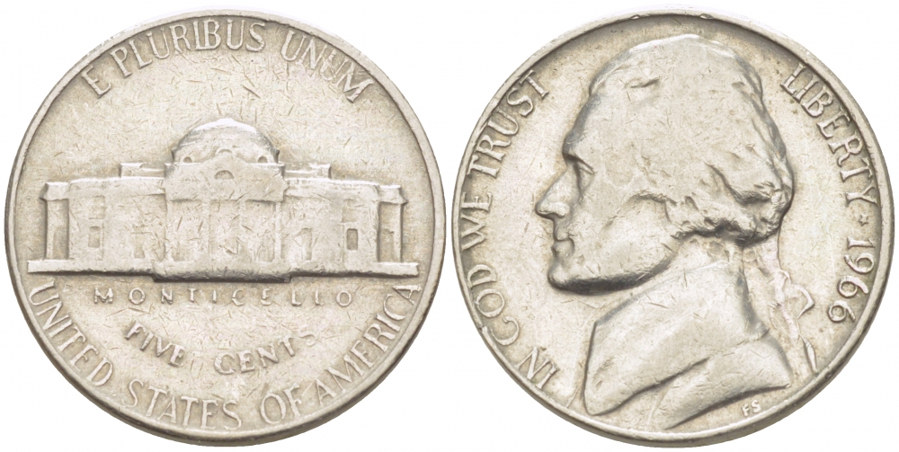 США 5 центов 1966 Джефферсон KM A192 медно-никель 3457-1224