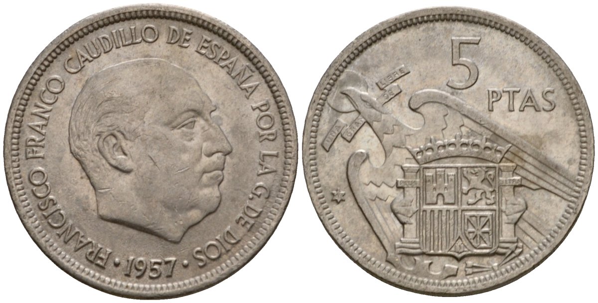 Испания 5 песет 1957 (69) Франсиско Франко (1939-1975) KM 786 медно-никель 186-654