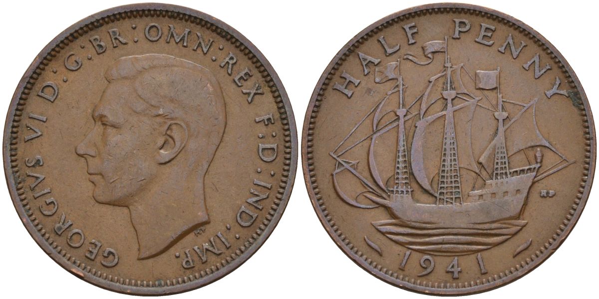 Великобритания 1/2 пенни 1941 Георг VI (1936-1952) KM 844, Spink 4115 бронза 4153-824