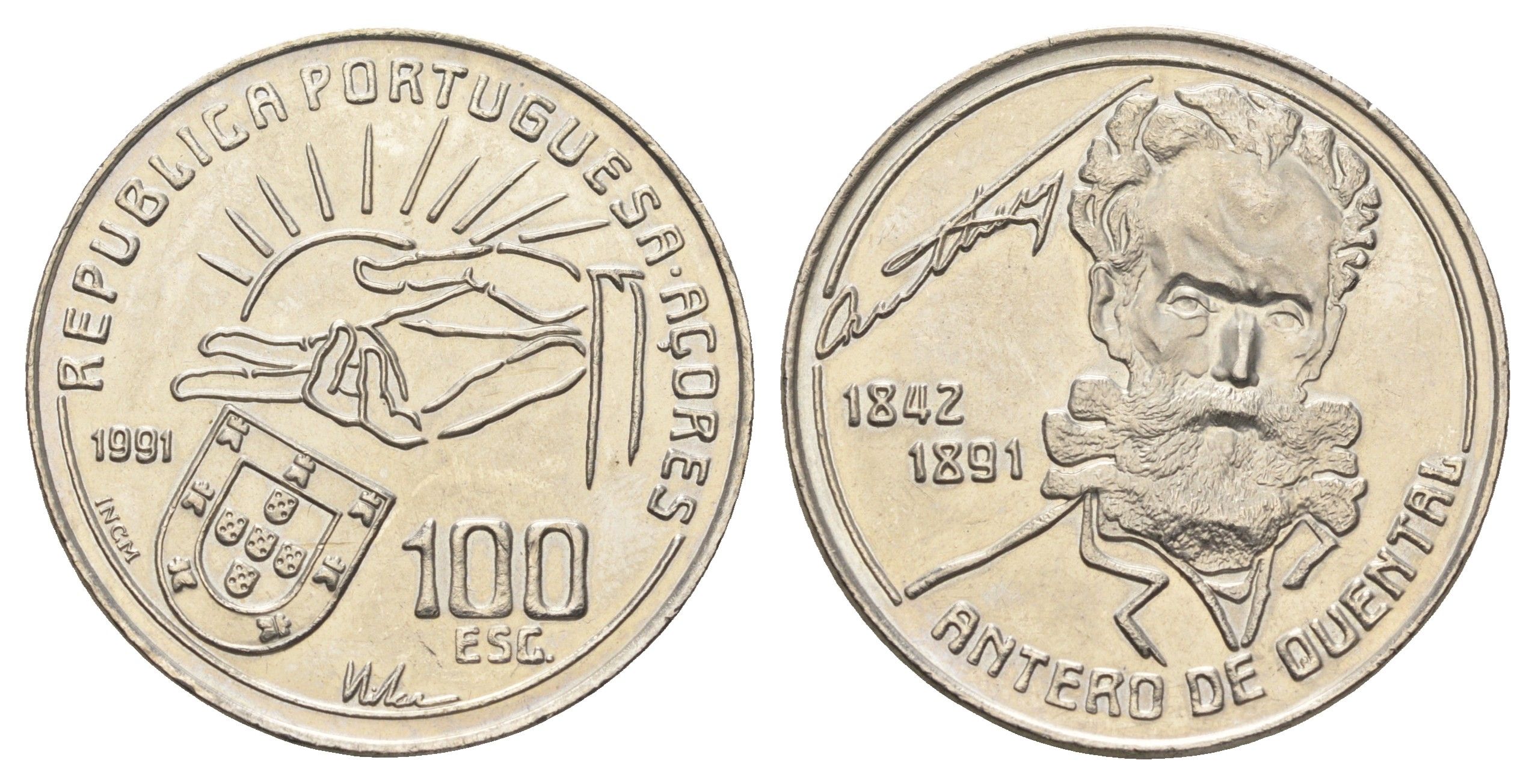 Португалия, Азорские острова 100 эскудо 1991 100 лет со дня смерти Антеру де Кентал KM 46 медно-никель UNC 4661-146