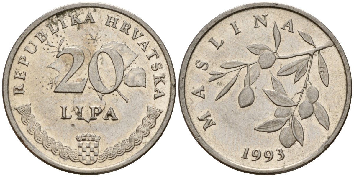 Хорватия 20 лип 1993 олива, легенда на хорватском KM 7 сталь плакированная никелем 4158-644