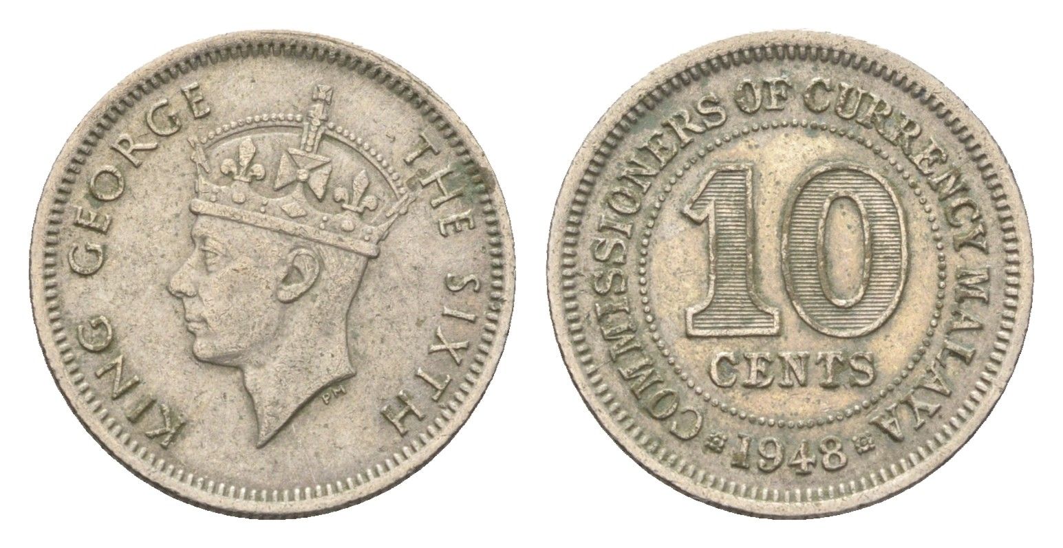 Британская Малайя 10 центов 1948 Георг VI (1936-1952) KM 8 медно-никель 4659-1236