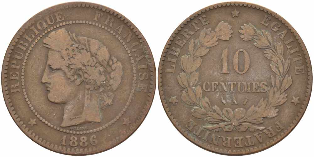 ФРАНЦИЯ 10 САНТИМОВ 1886 A, ТРЕТЬЯ РЕСПУБЛИКА (1871-1940) KM 815.1, LA FRANC 135.30 бронза 97-1012