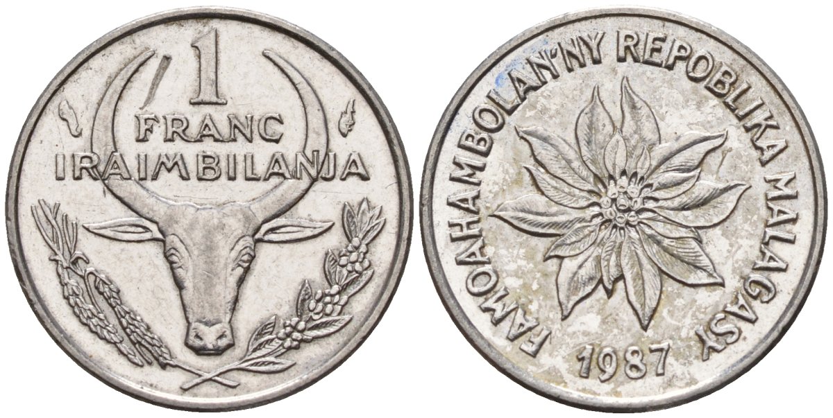 Мадагаскар 1 франк 1987 KM 8 сталь 4174-957