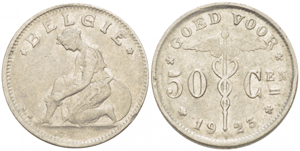 БЕЛЬГИЯ 50 САНТИМОВ 1923 BELGIE KM 88 никель 261-1661