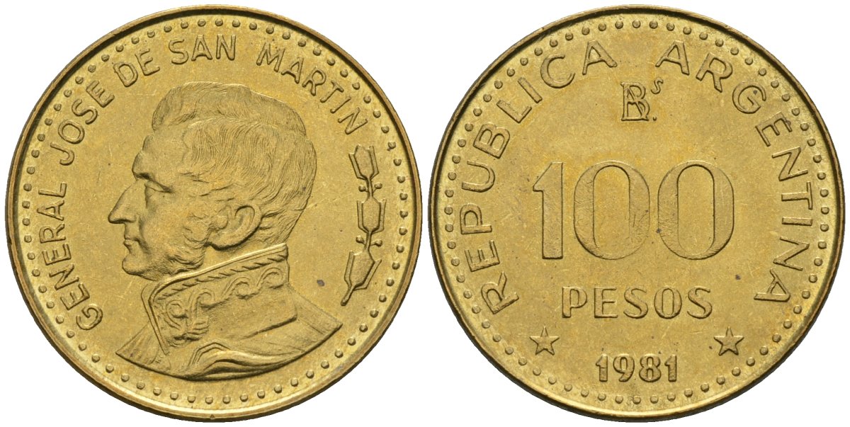 Аргентина 100 песо 1981 генерал Хосе де Сан Мартин KM 85а сталь плакированная латунью UNC 81-331