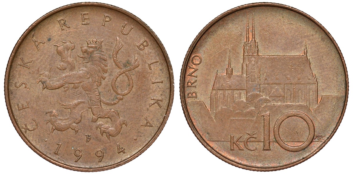 Чехия 10 крон 1994 KM 4 сталь плакированная медью 51-3452